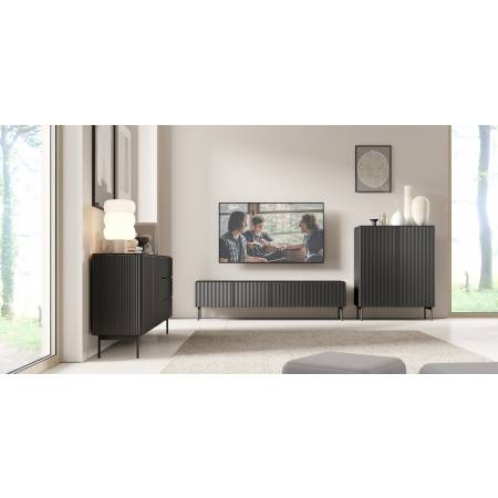 Duża Szafka pod telewizor ryflowana czarna RTV 195 cm MIGEL